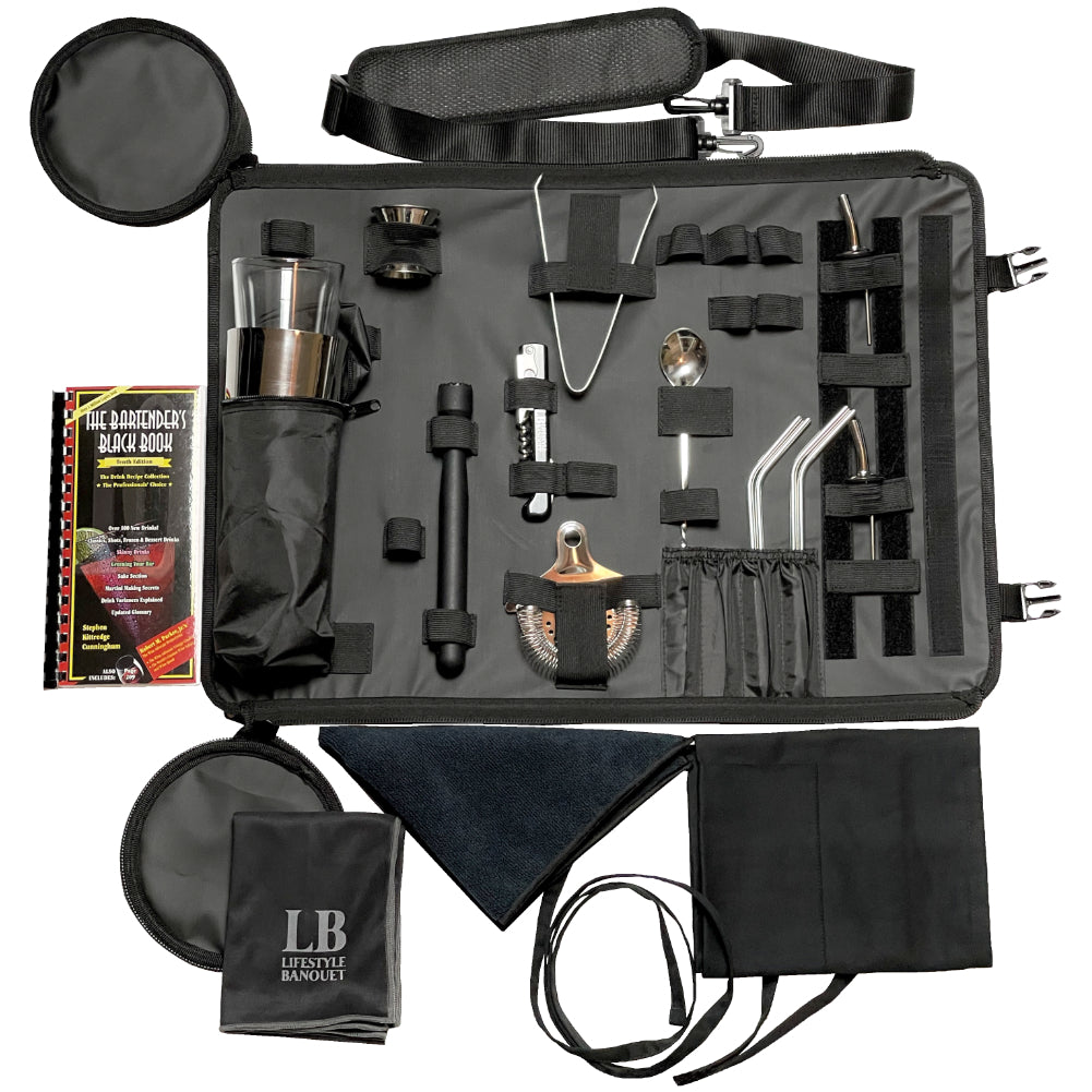 Bartender Kit with Case, Stainless Steel Bartender Tools Kit, Wine Glass Polishing Cloth, Black Mixologist apron, Bar Towel and Cocktail Recipe Book