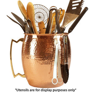 Hammered 100% Copper Kitchen Utensil Holder (Solid not plated) - Large Utensil Crock with 10 Hooks (7.5 W by 8.27 H inches)