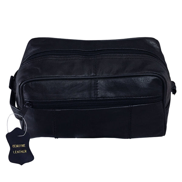 Mens Black Leather Toiletry Bag, Genuine Leather Dopp Kit for Travel 5.5 by 9.5 inches
