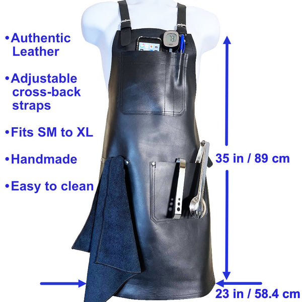 Black Leather Bartender Apron for Men with Cross-back Straps - Genuine Cowhide Leather BBQ Apron