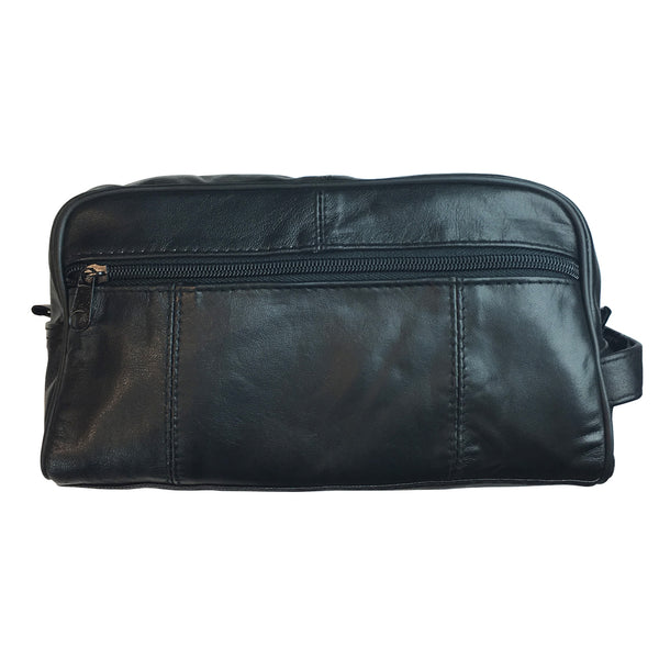Mens Black Leather Toiletry Bag, Genuine Leather Dopp Kit for Travel 5.5 by 9.5 inches