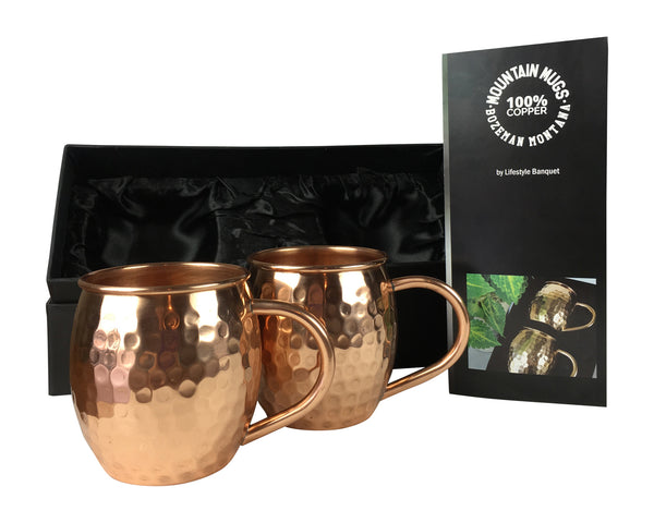 Real Copper Cups for Moscow Mules 16 oz - Set of 2 Hammered Solid Copper Moscow Mule Mugs with Welded Handle in Black Satin Gift Box