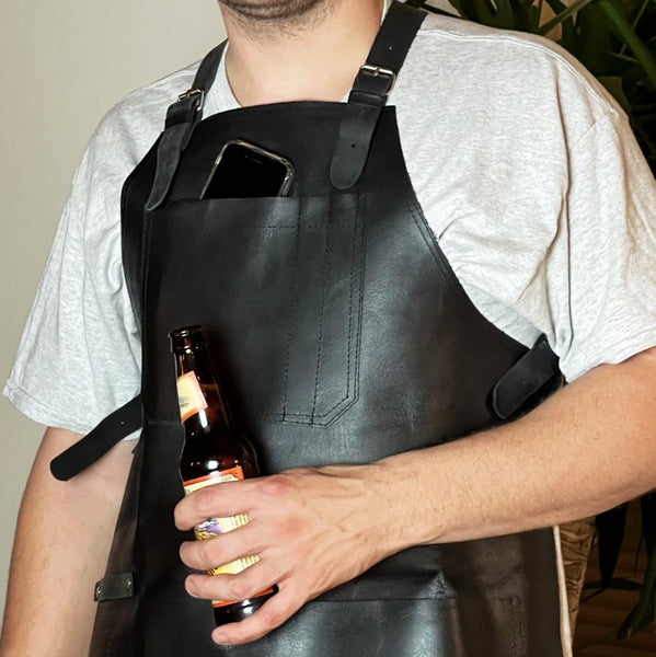 Black Leather Bartender Apron for Men with Cross-back Straps - Genuine Cowhide Leather BBQ Apron
