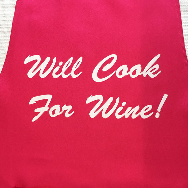 Hot Pink Apron with Pockets - Will Cook for Wine - Machine Washable Polyester Cute Womens Apron, 33 x 23 inches