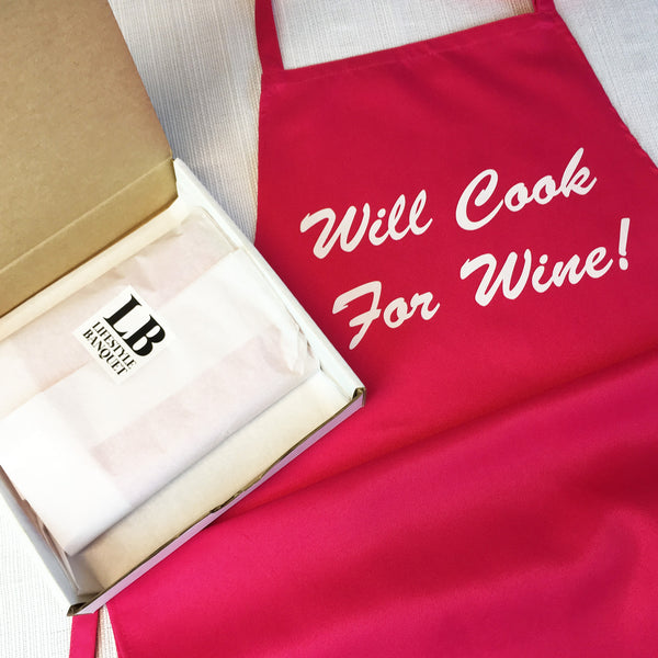 Hot Pink Apron with Pockets - Will Cook for Wine - Machine Washable Polyester Cute Womens Apron, 33 x 23 inches