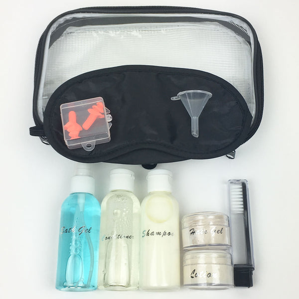 1 Quart Clear Travel Bag TSA with Bottles Containers and Labels, Travel Toothbrush plus Black Airplane Eyemask and Ear Plugs for Sleeping