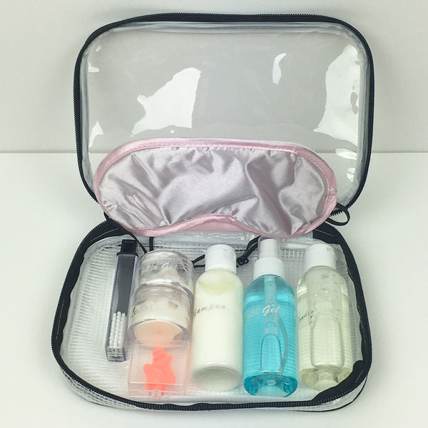 TSA Approved Toiletry Bag with Bottles Containers and Labels, Travel Toothbrush plus Pink Sleep Mask and Ear Plugs for Sleeping and Traveling