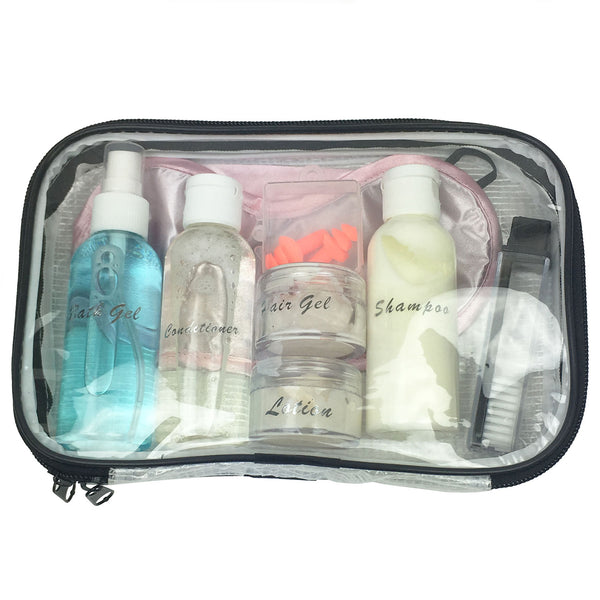 TSA Approved Toiletry Bag with Bottles Containers and Labels, Travel Toothbrush plus Pink Sleep Mask and Ear Plugs for Sleeping and Traveling
