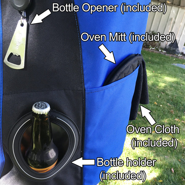 Grilling Apron with Beer Holder with Multiple Pockets, Retractable Bottle Opener, Oven Mitt and Black Cloth (Blue Apron)